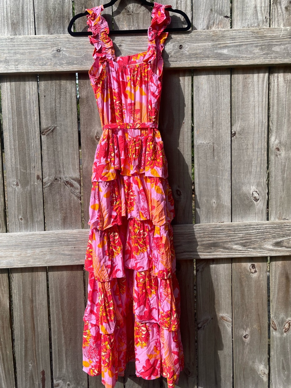 entro Pink & Orange Floral Tiered Ruffle Strap Maxi Dress Sz S - Picture 9 of 11